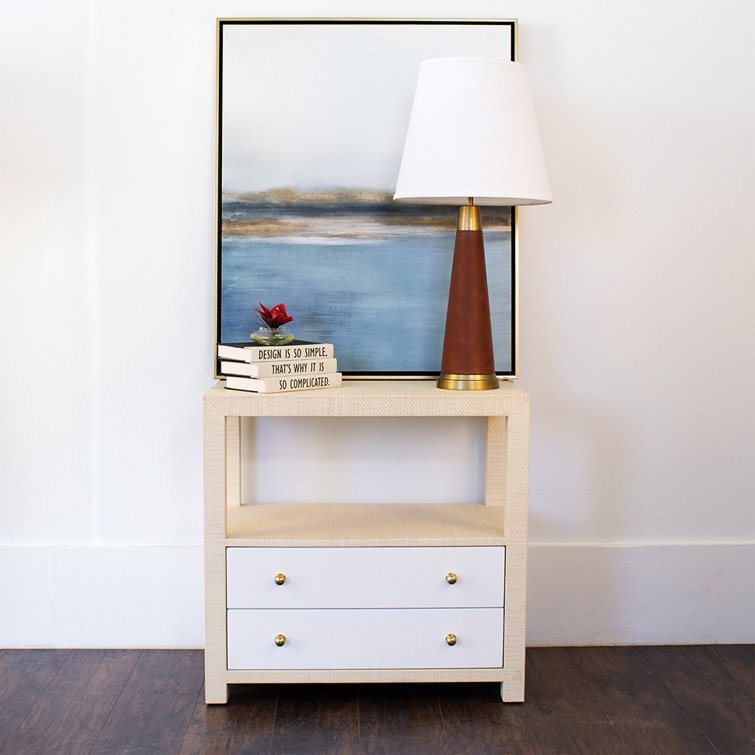 Natural Grasscloth and White 2-Drawer Rectangular End Table
