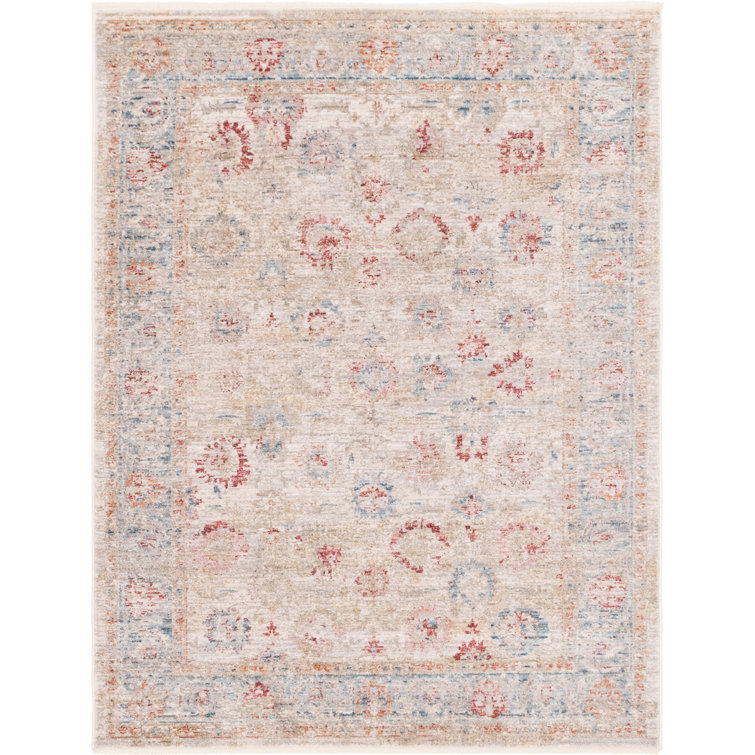 Ivory and Red Synthetic Rectangular 5' x 7' Area Rug