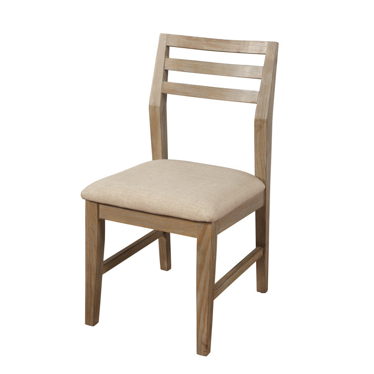 Transitional Beige Upholstered Ladderback Side Chair in Weathered Pine