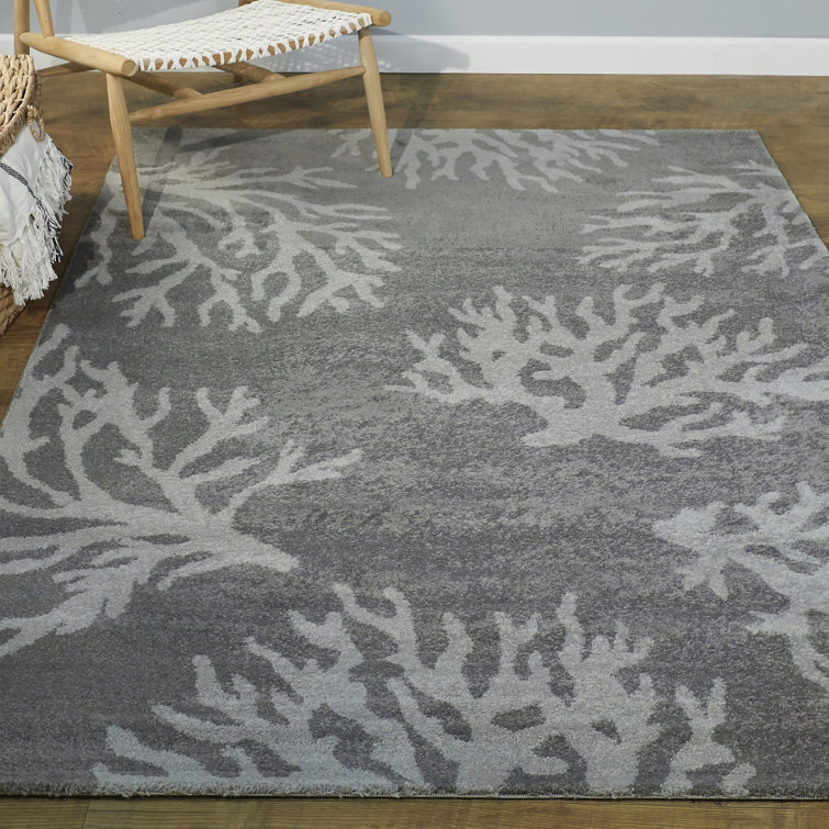 Medium Grey Coastal Coral Print 8' x 10' Synthetic Area Rug
