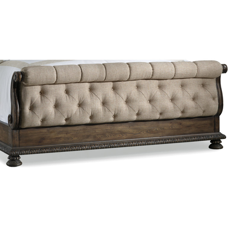 King-Sized Traditional Sleigh Bed with Tufted Beige Upholstery