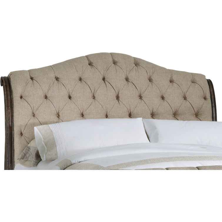 King-Sized Traditional Sleigh Bed with Tufted Beige Upholstery