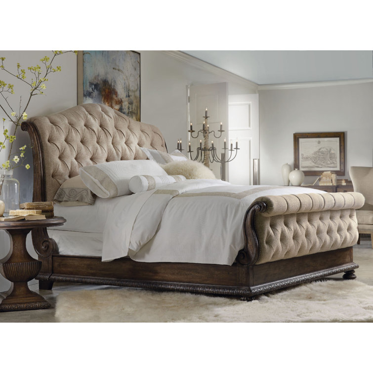 King-Sized Traditional Sleigh Bed with Tufted Beige Upholstery