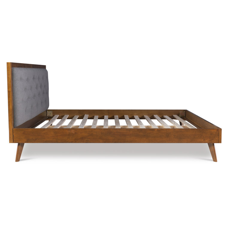 Walnut King Platform Bed with Tufted Grey Upholstery