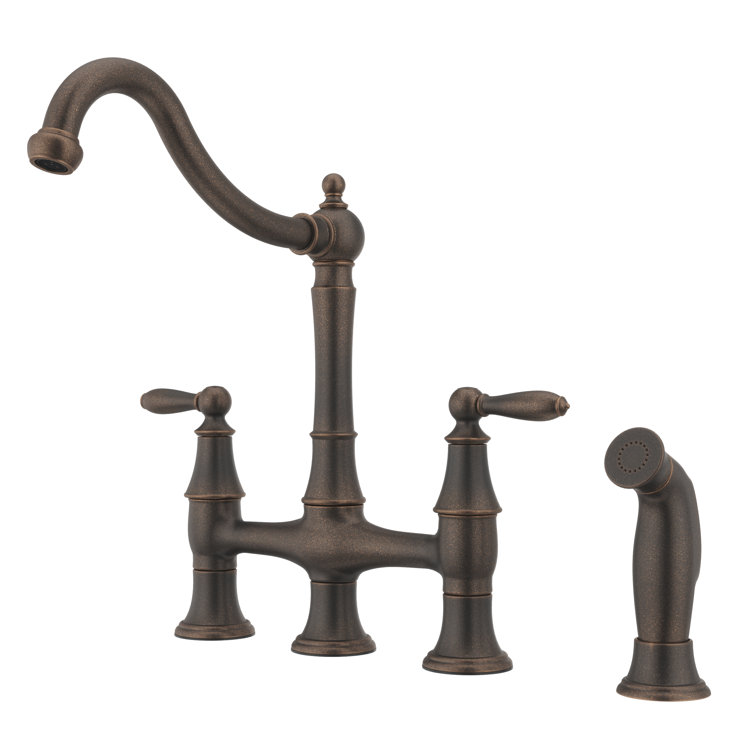 Rustic Bronze Double Handle Bridge Kitchen Faucet with Side Sprayer