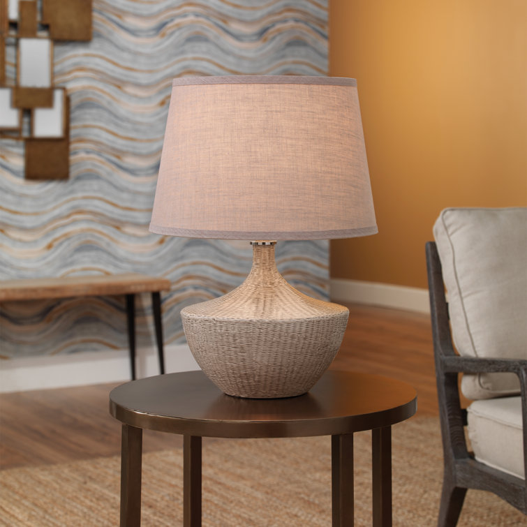 Off-White Ceramic Basketweave Table Lamp with Linen Shade