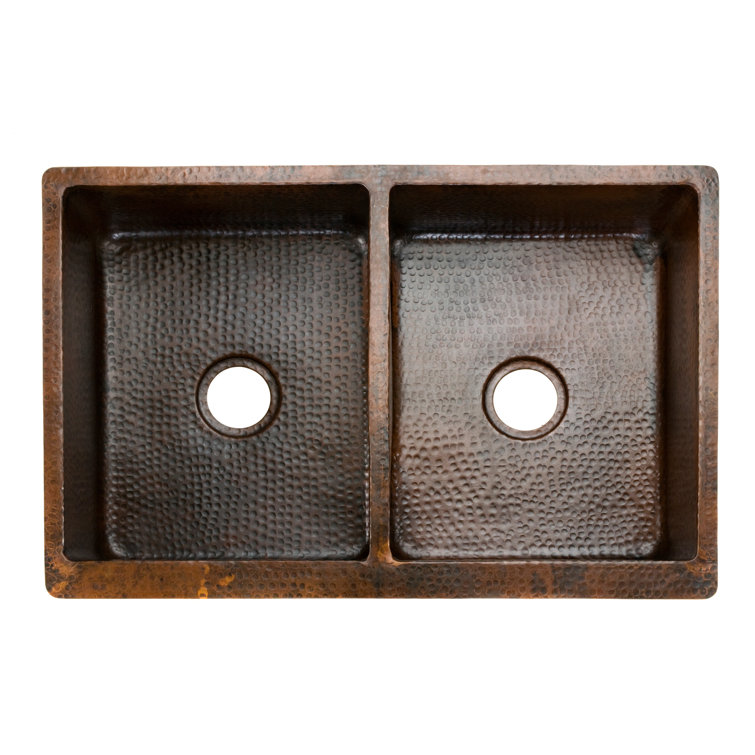 33" Hammered Copper Double Basin Farmhouse Kitchen Sink with Barrel Strap Design