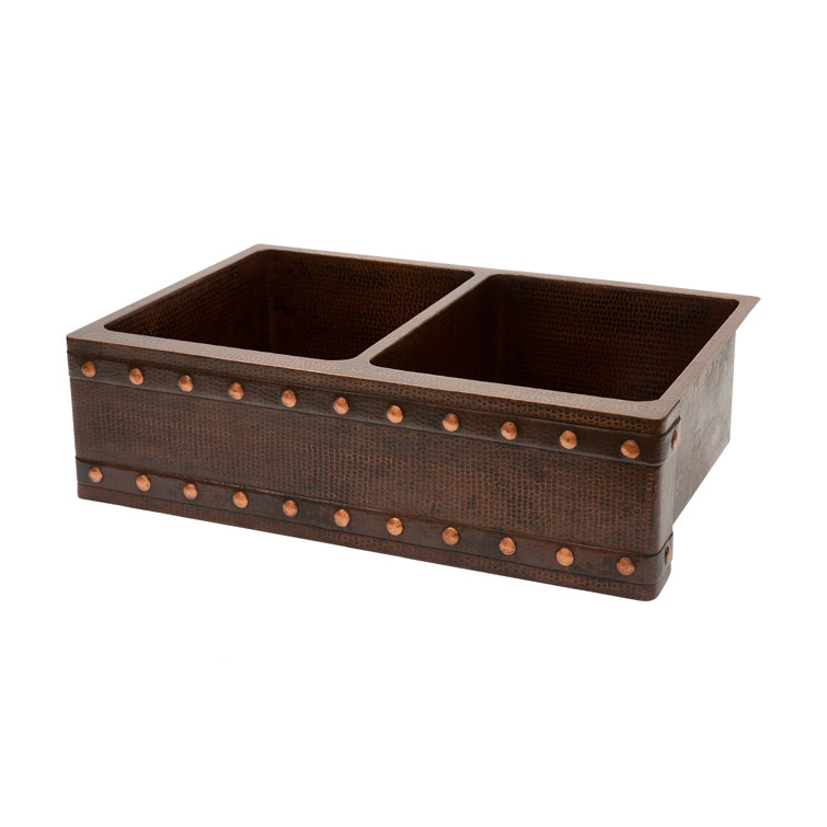 33" Hammered Copper Double Basin Farmhouse Kitchen Sink with Barrel Strap Design