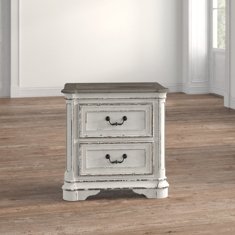 Elegant Whitewashed 2-Drawer Nightstand in Antique White with Bead Molding