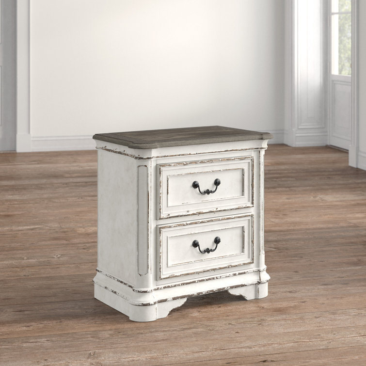 Elegant Whitewashed 2-Drawer Nightstand in Antique White with Bead Molding