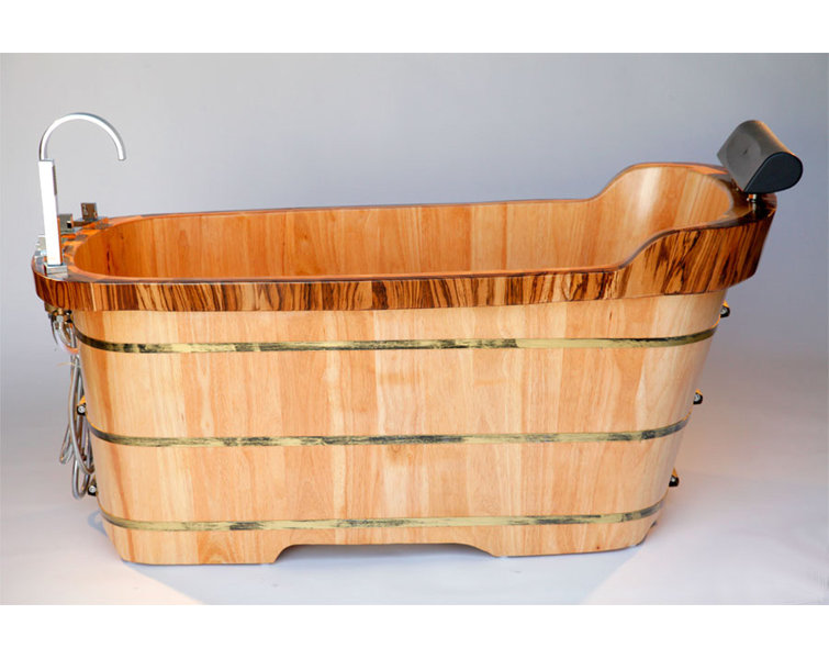 Natural Wood Freestanding Soaking Bathtub with Chrome Faucet