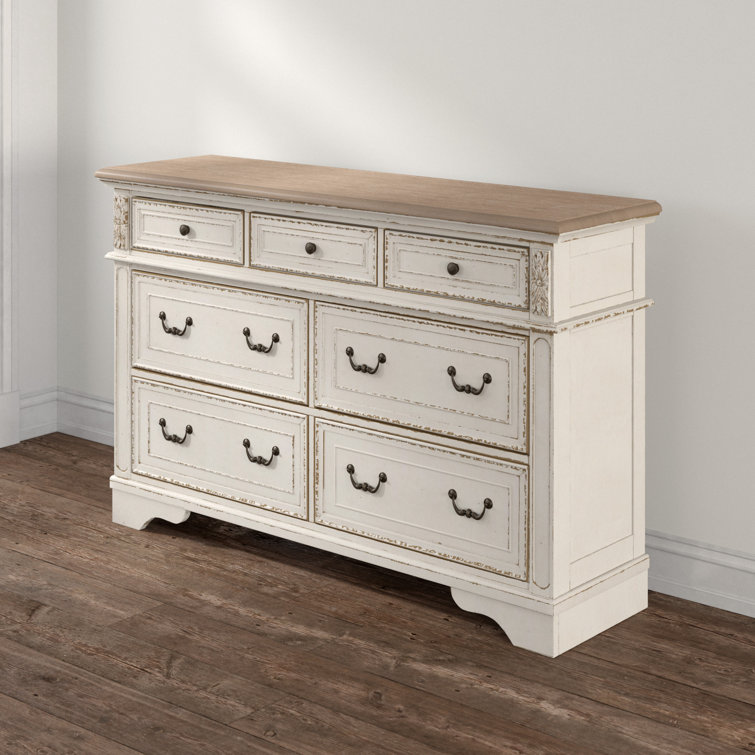 Vintage Charm Brown & Distressed White 7-Drawer Double Dresser