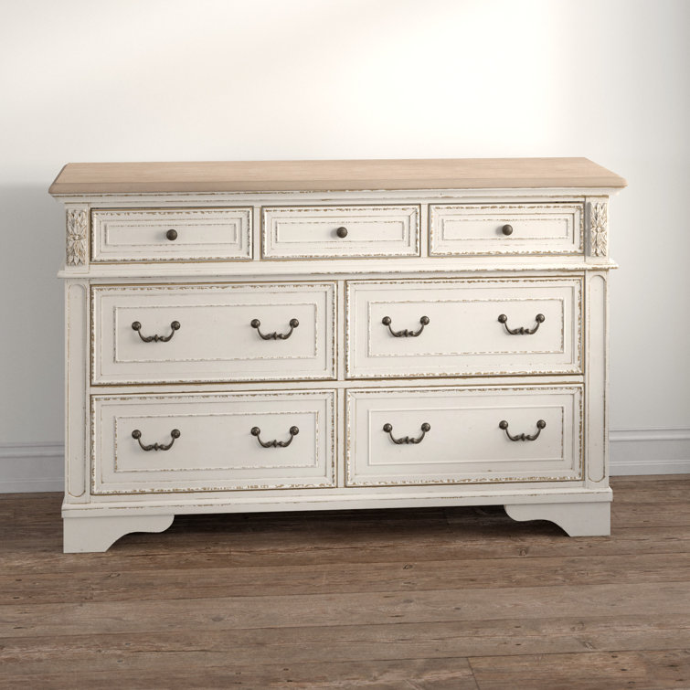 Vintage Charm Brown & Distressed White 7-Drawer Double Dresser