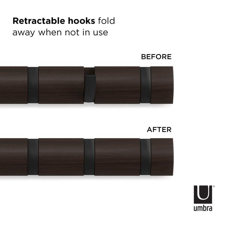 Flip Black and Walnut Solid Wood Wall Mounted Coat Rack with 8 Hooks