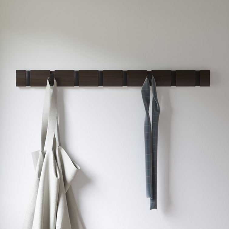 Flip Black and Walnut Solid Wood Wall Mounted Coat Rack with 8 Hooks