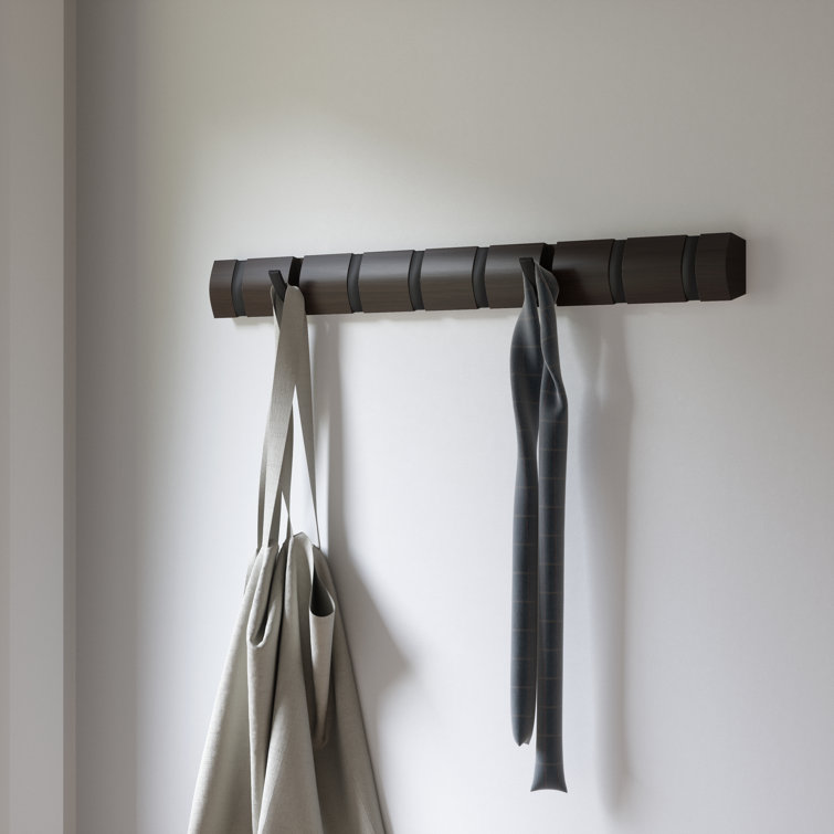 Flip Black and Walnut Solid Wood Wall Mounted Coat Rack with 8 Hooks