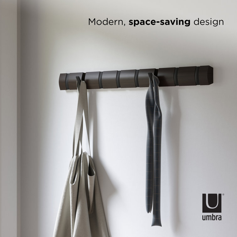 Flip Black and Walnut Solid Wood Wall Mounted Coat Rack with 8 Hooks