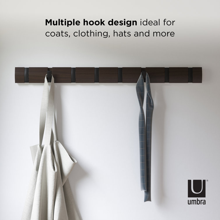 Flip Black and Walnut Solid Wood Wall Mounted Coat Rack with 8 Hooks