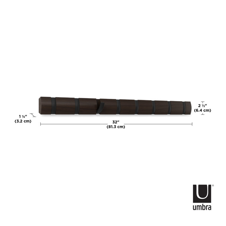 Flip Black and Walnut Solid Wood Wall Mounted Coat Rack with 8 Hooks