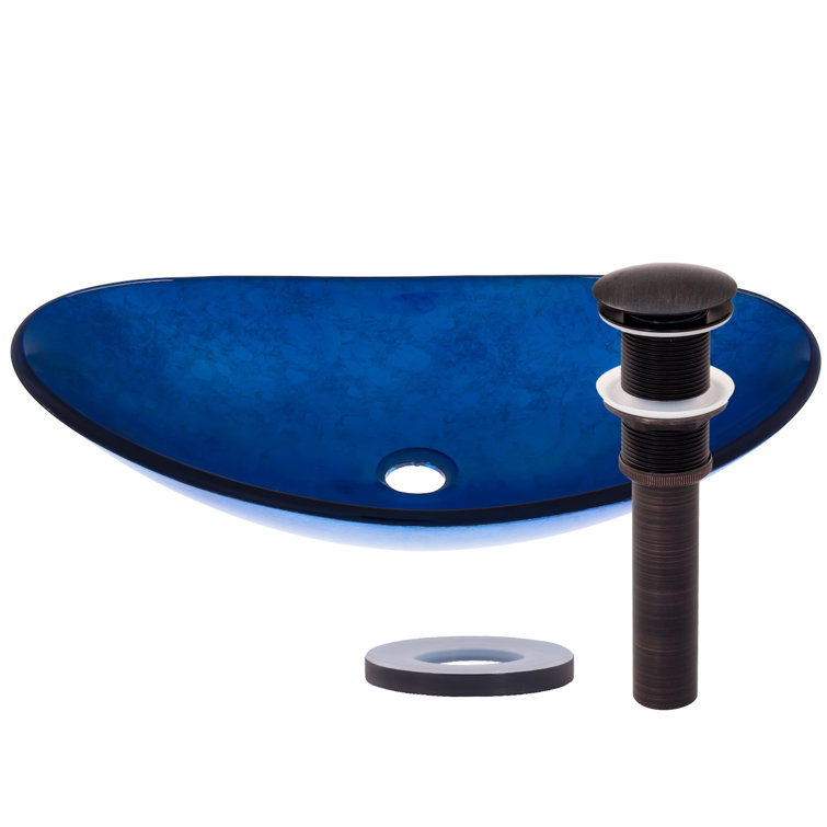 Azure Blue Oval Glass Vessel Sink with Oil Rubbed Bronze Drain