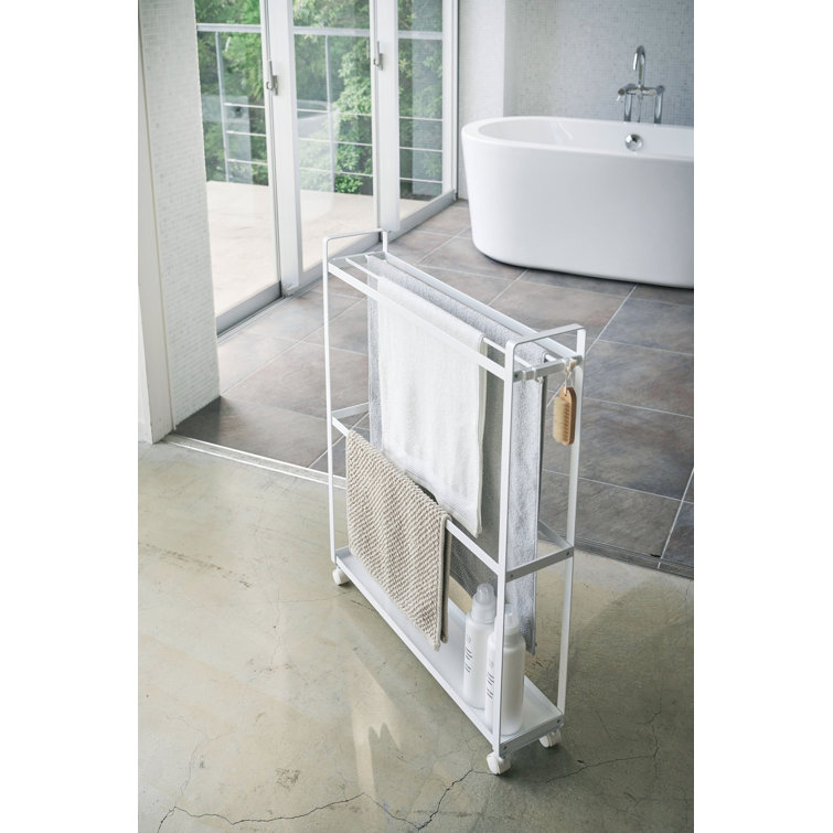 White Rolling Towel Rack with Hooks and Casters