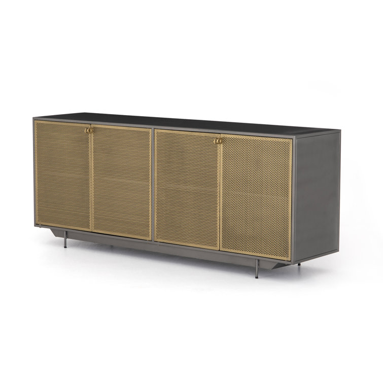 Modern Gold & Gray Iron Sideboard with Perforated Brass Detailing
