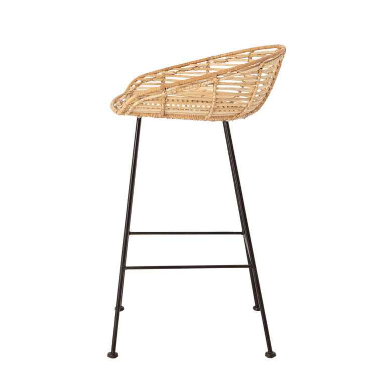 Modern Beige Wicker Rattan Bar Stool with Black Metal Legs