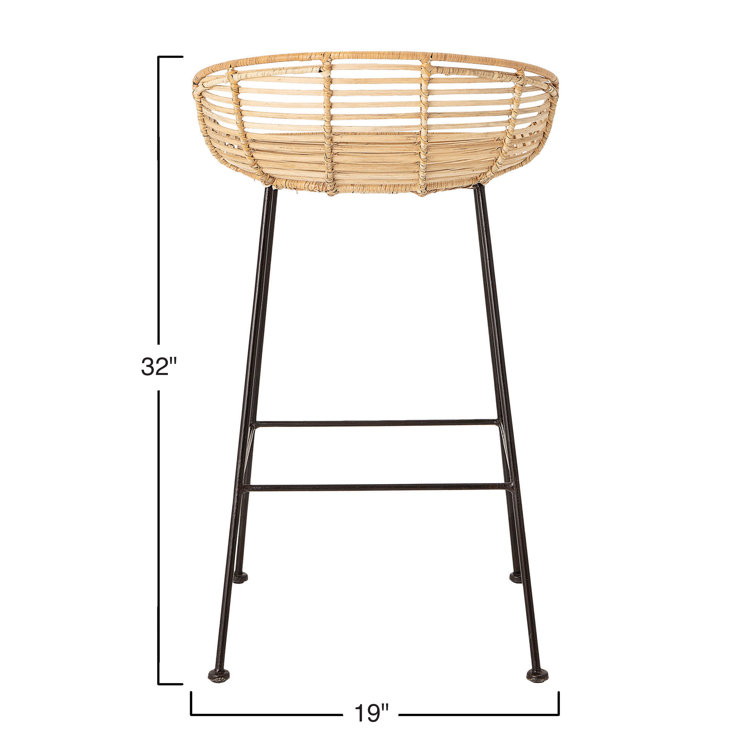 Modern Beige Wicker Rattan Bar Stool with Black Metal Legs