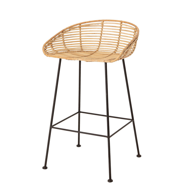Modern Beige Wicker Rattan Bar Stool with Black Metal Legs