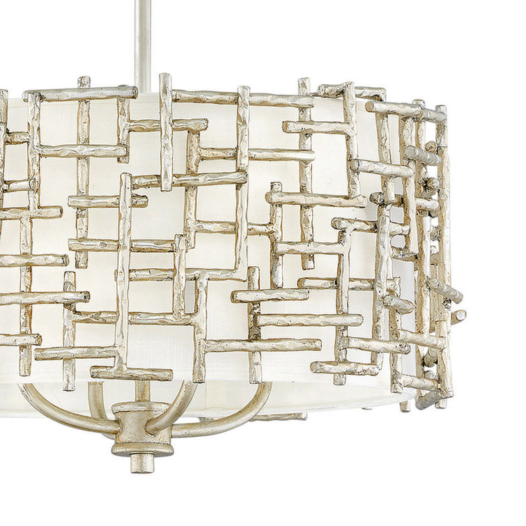 Farrah Silver Leaf 4-Light Drum Pendant with White Linen Shade