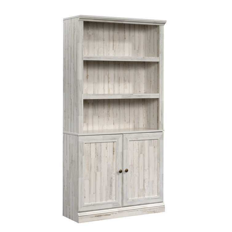 Adjustable White Plank 3-Shelf Bookcase with Doors