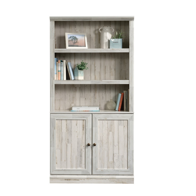 Adjustable White Plank 3-Shelf Bookcase with Doors
