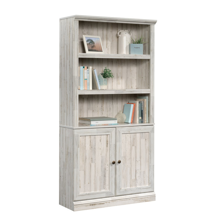 Adjustable White Plank 3-Shelf Bookcase with Doors