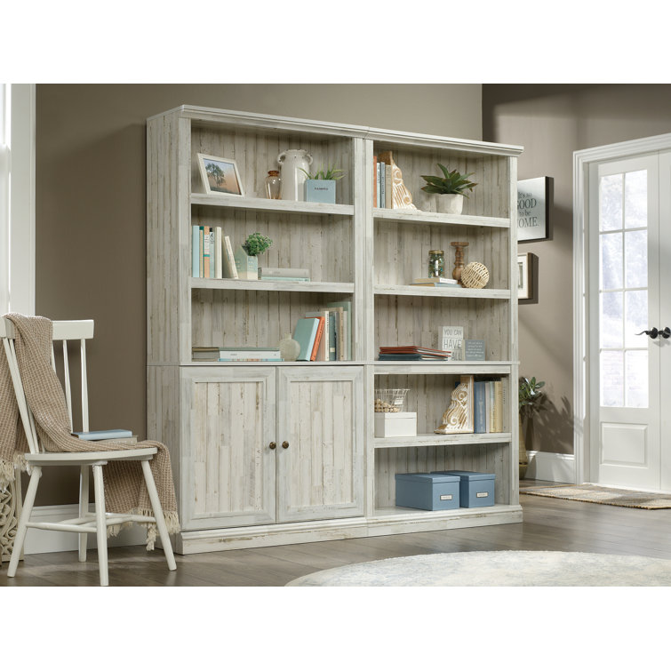 Adjustable White Plank 3-Shelf Bookcase with Doors