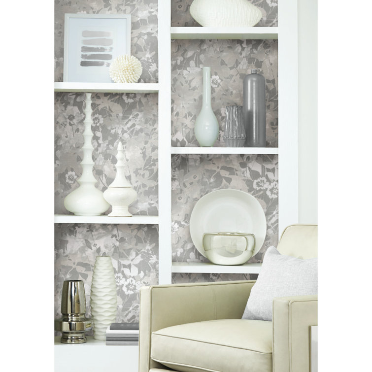 Grey and White Floral Self-Adhesive Peel and Stick Wallpaper Roll