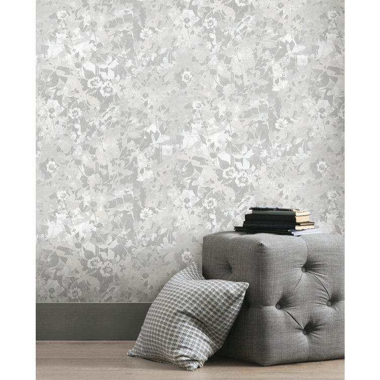 Grey and White Floral Self-Adhesive Peel and Stick Wallpaper Roll