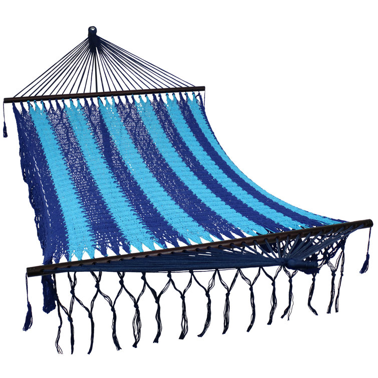 Blue Handwoven Cotton 2-Person Hammock with Spreader Bars
