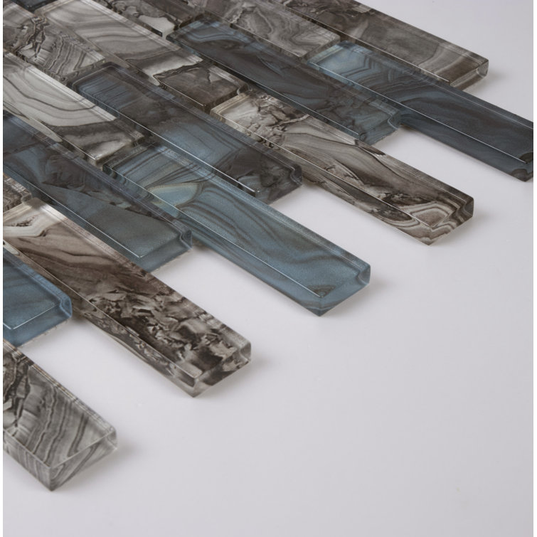Aqua and Gray Polished Glass Mosaic Tile 12" x 12"