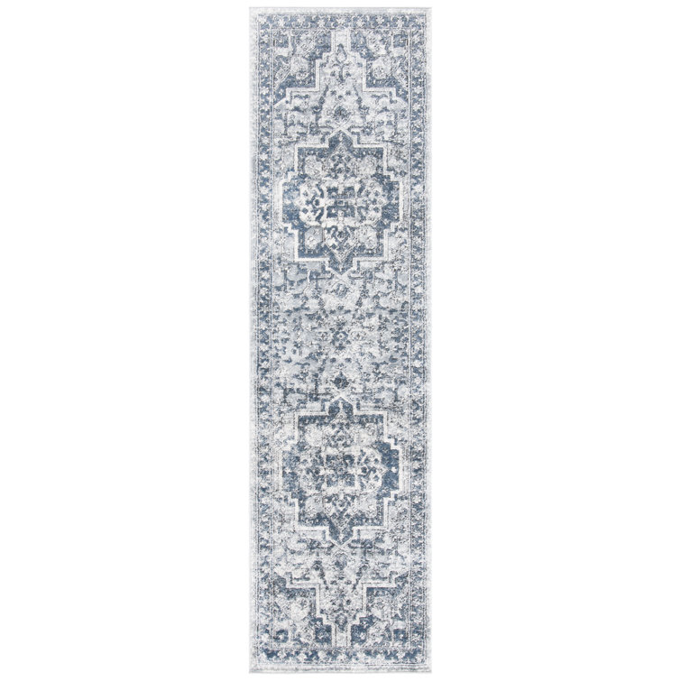 Ivory & Navy Hand-Knotted Synthetic Runner Rug - Easy Care, Stain-Resistant