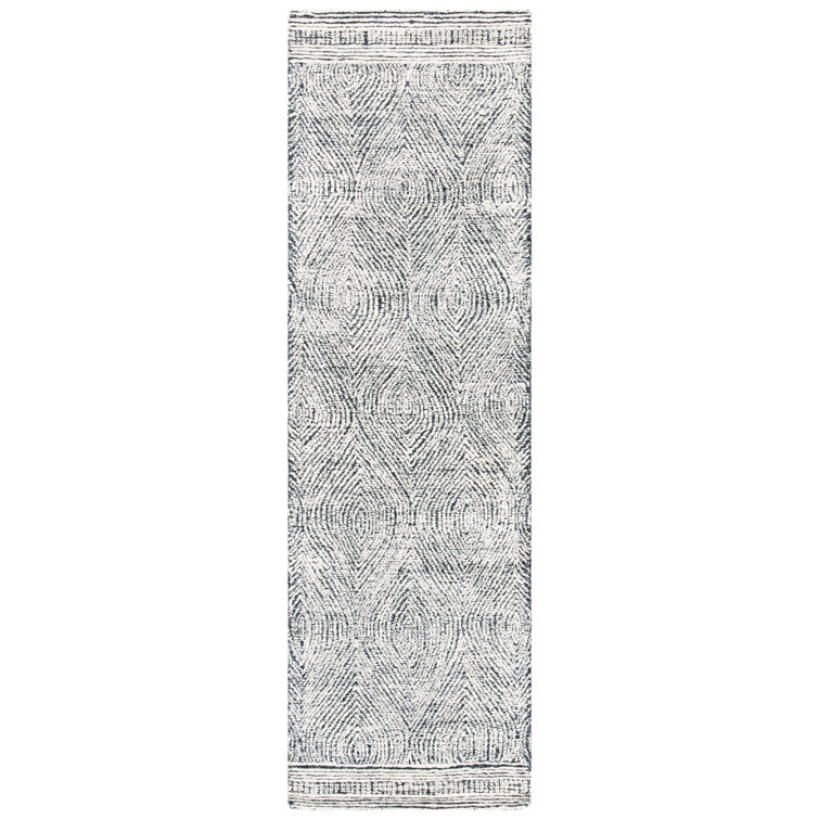 Ivory and Charcoal Abstract Wool Runner Rug, 2'3" x 18'