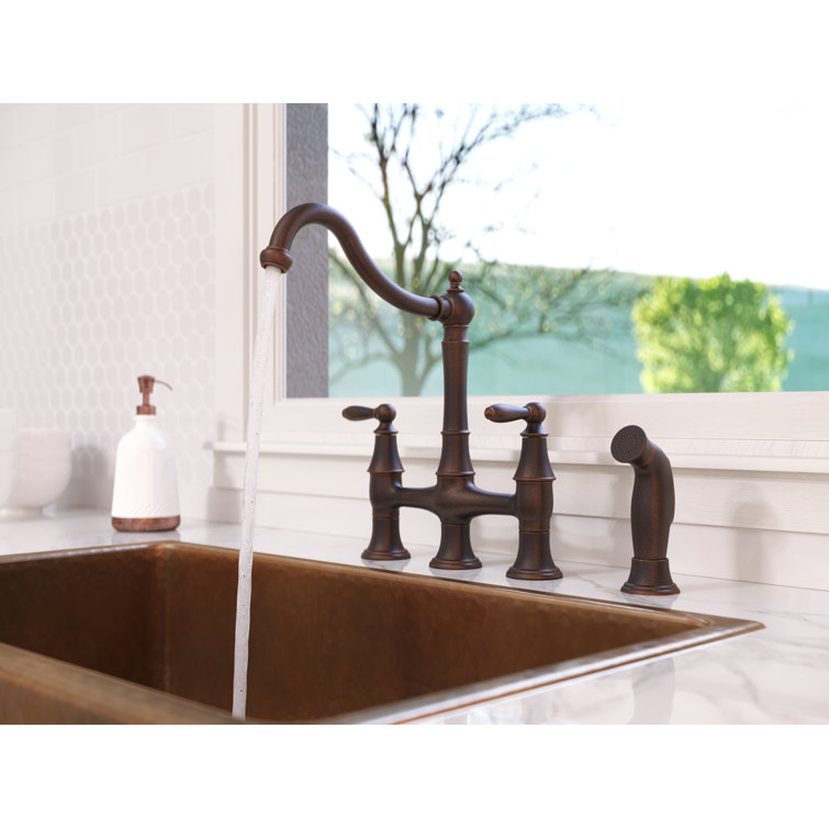 Rustic Bronze Double Handle Bridge Kitchen Faucet with Side Sprayer