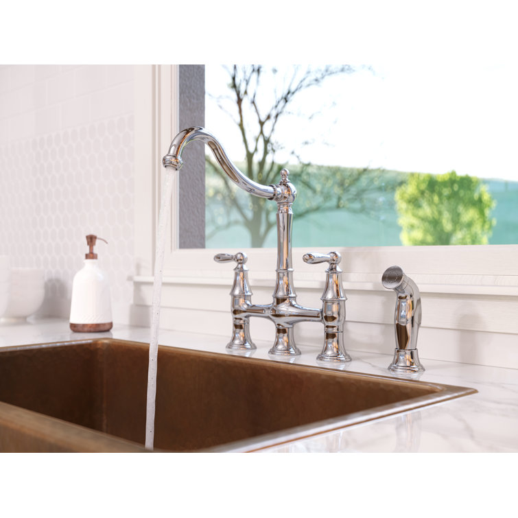 Polished Chrome Bridge Kitchen Faucet with Side Sprayer