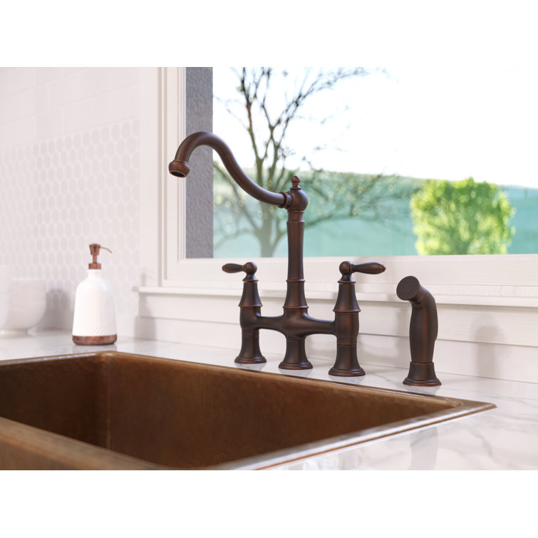 Rustic Bronze Double Handle Bridge Kitchen Faucet with Side Sprayer
