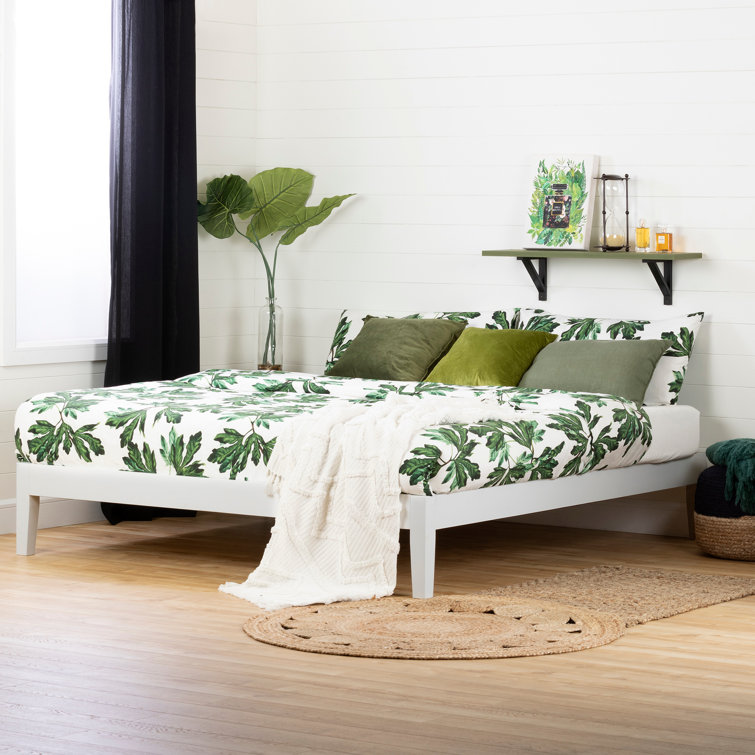 Pure White Solid Wood Queen Platform Bed with Upholstered Slats