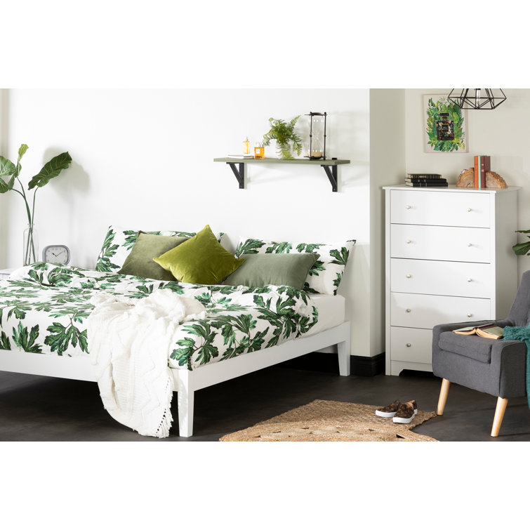 Pure White Solid Wood Queen Platform Bed with Upholstered Slats