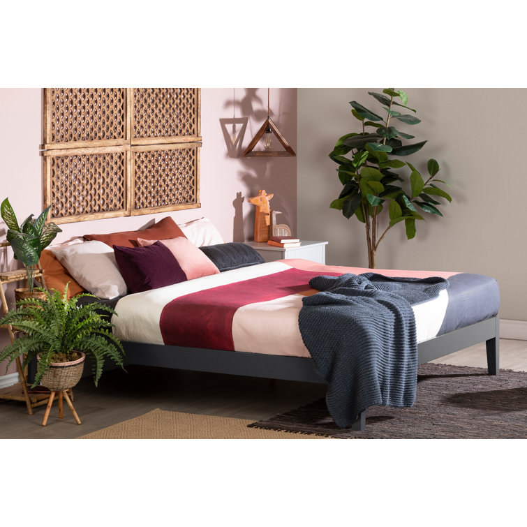 Pure White Solid Wood Queen Platform Bed with Upholstered Slats