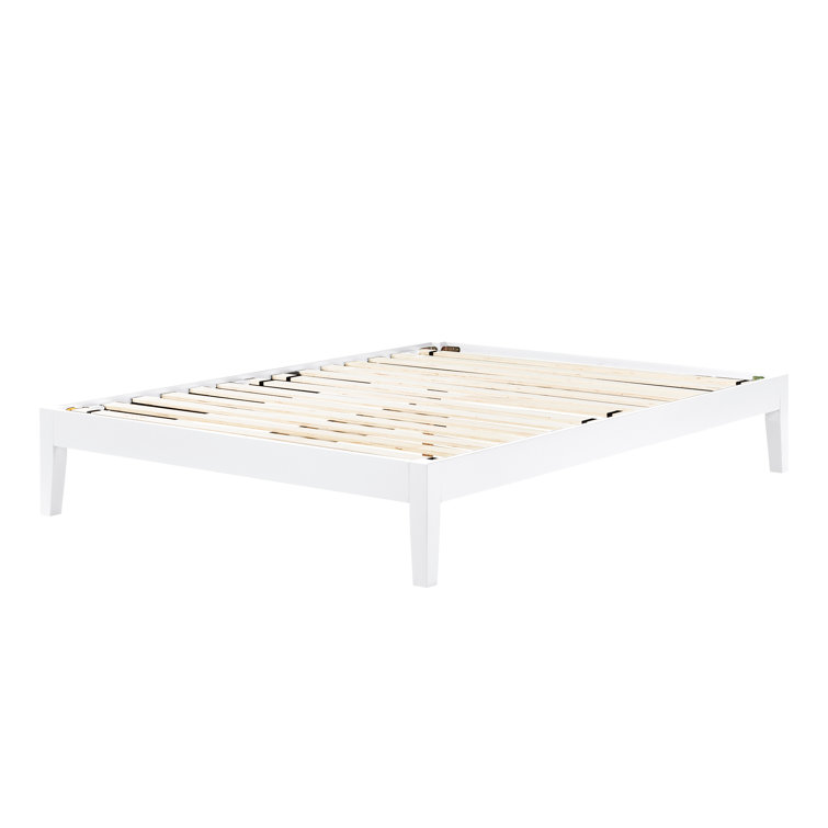 Pure White Solid Wood Queen Platform Bed with Upholstered Slats