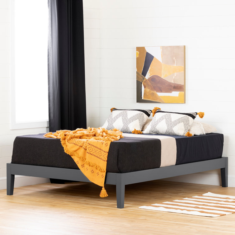 Pure White Solid Wood Queen Platform Bed with Upholstered Slats