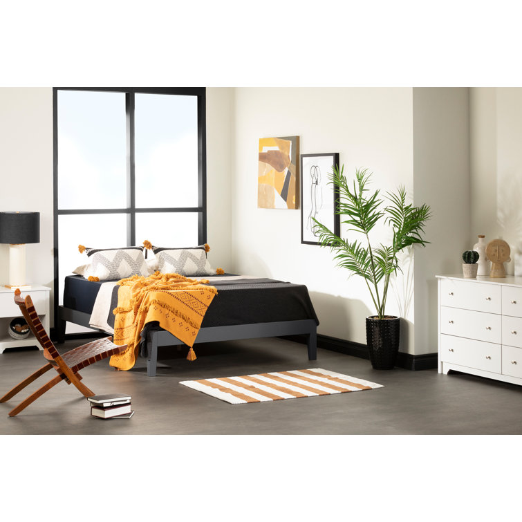 Pure White Solid Wood Queen Platform Bed with Upholstered Slats
