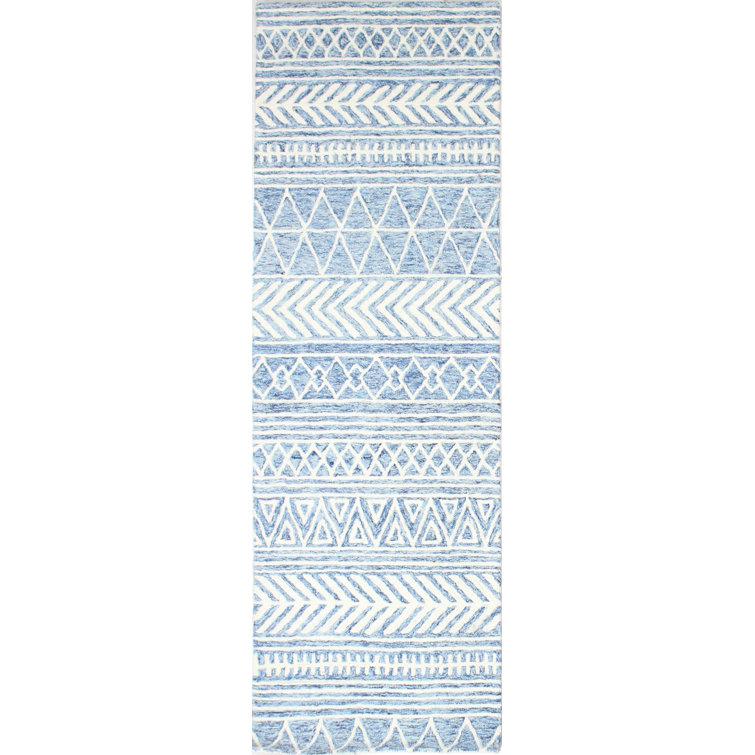 Handmade Tufted Denim Wool Geometric Runner Rug